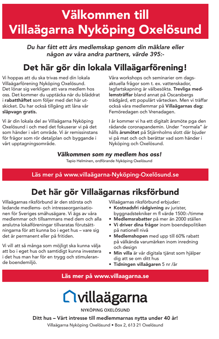 Villaägarna Nyköping Oxelösund Välkommen nymedlem 700p 2022